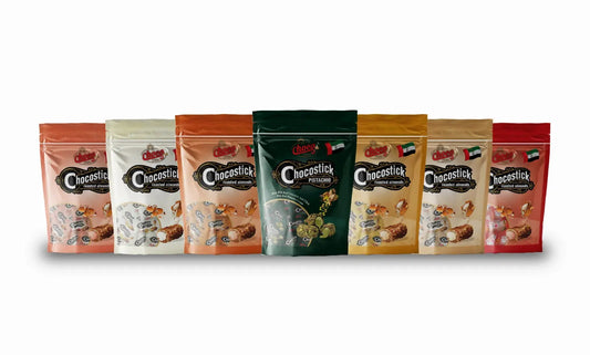 Chocostick Combo 6 Pouches -Chocostick Caramel 300 GM + Chocostick Orange 300 GM +Chocostick Mango 300 GM Chocostick Pistachio 300 GM + Chocostick Almond 300 GM + Chocostick love 300 GM Choco Palace