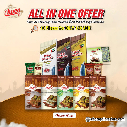Dubai viral Kunafa chocolate All In One Limited Offer, 15 pieces in just 169 aed ( 3 * peice 200 gm + 6 pcs 100 gm + 50 gm 1 pc + 5 pcs 20 gm ) All different flavours Choco Palace