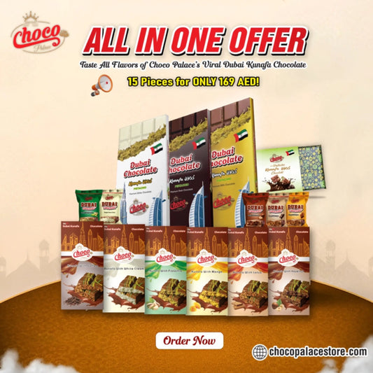 Dubai viral Kunafa chocolate Limited Offer ,15 pieces in just 169 aed ( 3 * peice 200 gm + 6 pcs 100 gm + 50 gm 1 pc + 5 pcs 20 gm ) All different flavours Choco Palace